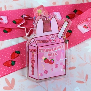 Strawberry Charm, Strawbunny Milk, Bunny Charm, Bag Charm, Bunny Keychain, Lanyard Kawaii, Strawberry Lanyard, Cute Lanyard, Bunny Kawaii