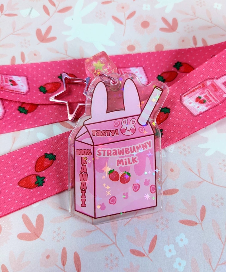 Strawberry Charm, Strawbunny Milk, Bunny Charm, Bag Charm, Bunny Keychain, Lanyard Kawaii, Strawberry Lanyard, Cute Lanyard, Bunny Kawaii