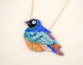 Necklace Superb Starling • original jewel • bestial • wild bird • miyuki beads brickstitch • nature • colorful • golden blue • handmade
