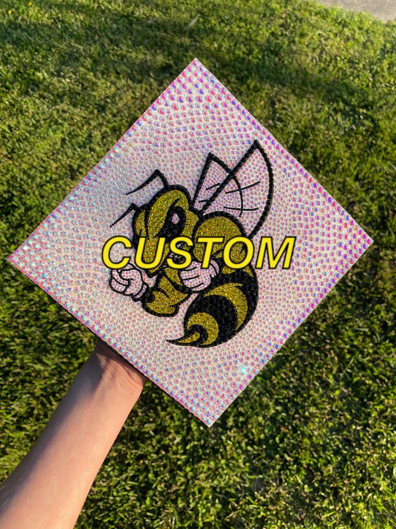 CUSTOM Jeweled Logo Graduation Cap Topper College, High School Graduation Bedazzled Cap Decoration image 1