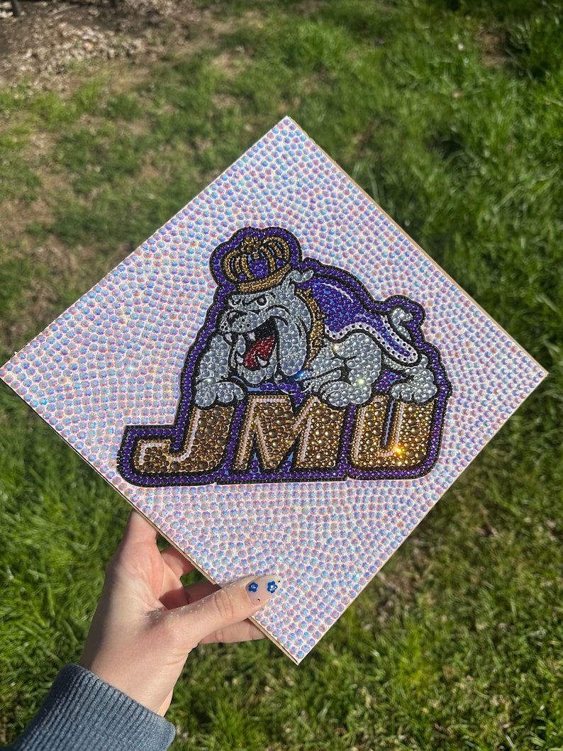 CUSTOM Jeweled Logo Graduation Cap Topper College, High School Graduation Bedazzled Cap Decoration image 10