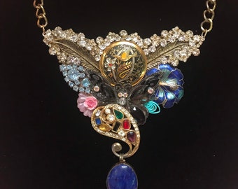 Vintage Collage Necklace Statement Necklace One Of A Kind Necklace Rhinestone Necklace Flower Necklace Darlene Mandel Jewelry