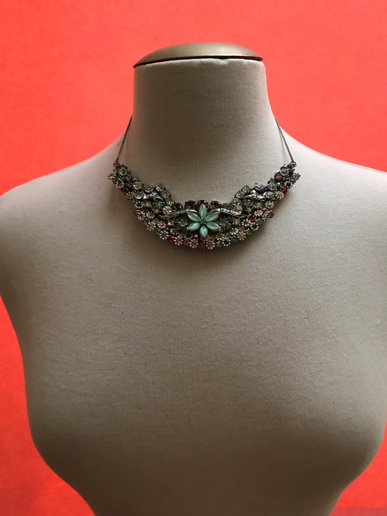 Vintage Collage Necklace Statement Necklace One Of A Kind Necklace Rhinestone Necklace Flower Necklace Darlene Mandel Jewelry