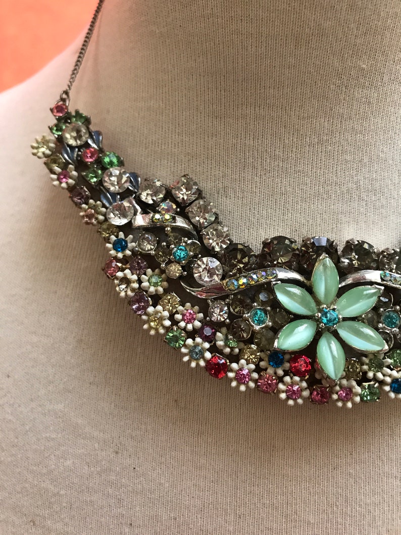 Vintage Collage Necklace Statement Necklace One Of A Kind Necklace Rhinestone Necklace Flower Necklace Darlene Mandel Jewelry