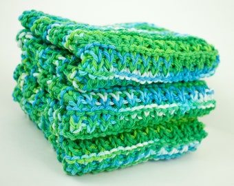 Hand Knit Dishcloth Set of 3 - Hand Knit Washcloth - Emerald Energy