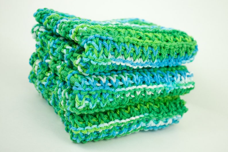 Hand Knit Dishcloth Set of 3 Hand Knit Washcloth Emerald Energy image 1