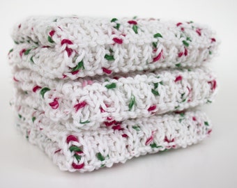 Hand Knit Dishcloth Set of 3 -  Holly Jolly Christmas