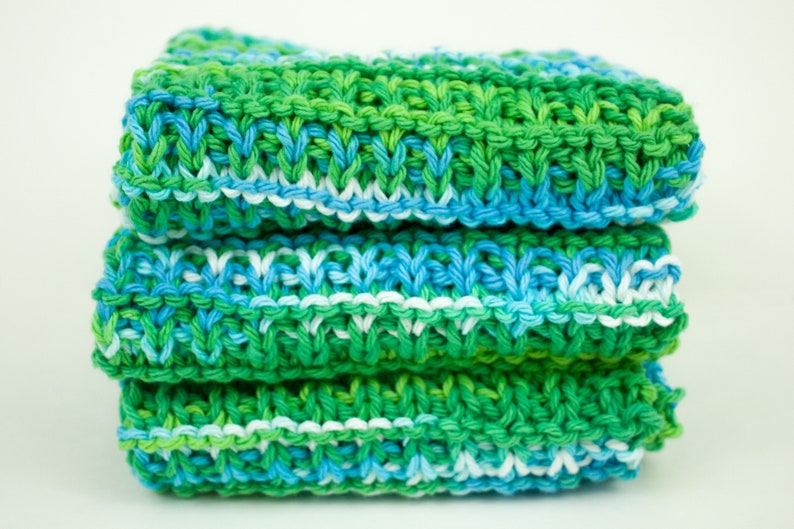 Hand Knit Dishcloth Set of 3 Hand Knit Washcloth Emerald Energy image 5