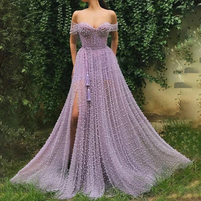 Handmade Heavy Pearls Sweetheart A-line Lilac Prom Dresses 2020 High Slit Women Formal Bridesmaid bridal wedding gown custom plus size