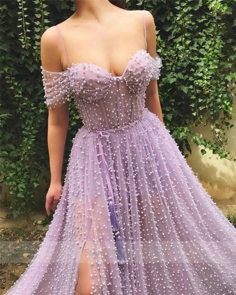 Handmade Heavy Pearls Sweetheart A-line Lilac Prom Dresses 2020 High Slit Women Formal Bridesmaid bridal wedding gown custom plus size