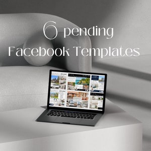 Pode incluir: Um computador portátil que exibe seis modelos de Facebook para anúncios imobiliários. Os modelos apresentam imagens de casas, preços e informações de contato. O texto "6 modelos de Facebook pendentes" é exibido acima do laptop.