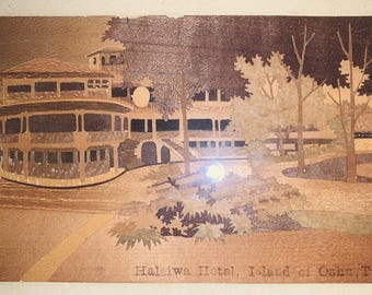 Rare Vintage Wood Marquetry Hawaiian Postcard Haleiwa Hotel Oahu