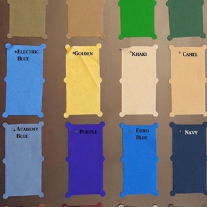 May include: A color chart with 20 different fabric swatches. The swatches are labeled with names like "Champ Green", "Basic Green", "Dark Green", "Burgundy", "Red", "Olive", "Taupe", "English Green", "Bottle Green", "Electric Blue", "Golden", "Khaki", "Camel", "Academy Blue", "Purple", "Euro Blue", "Navy", "Brown", "Wine", "Steel Gray", "Charcoal", "Titanium", "Black", "Aztec", and "Brick".