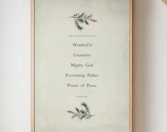 Isaiah 9 6 Scripture Christmas Wall Art Print Poster, Christian Holiday Decor, Wonderful Counselor Prince of Peace, color and frame options