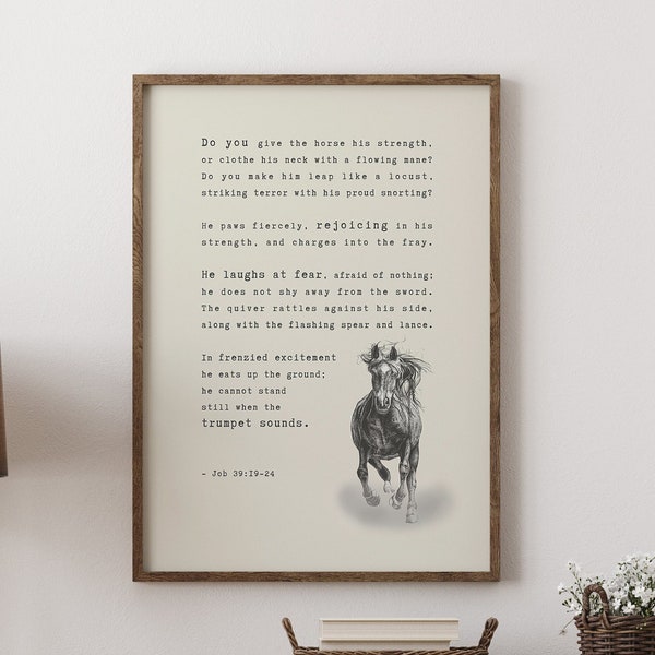 Job 39 Bible Scripture with Horse Drawing Mailed Print Poster, Secretariat Movie Quote Wall Art in multiple colors and framing options
