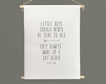 Peter Pan Quote Dowel Rod Hanging Canvas Scroll Baby Gift, Nursery Decor or Kids Room Wall Art: Little Boys Should Never Be Sent To Bed...