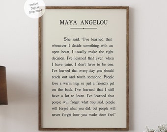 Maya Angelou quote printable wall art, Maya Angelou I've Learned book page inspirational wall decor, motivational instant digital download