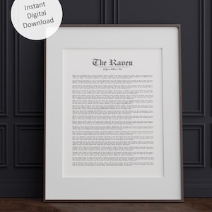 The Raven printable wall art on white background, The Raven Poem by Edgar Allan Poe dark academia digital download in 5 sizes
