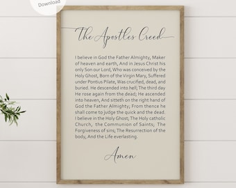 The Apostle's Creed digital download on cream background, Apostolic Creed Christian statement of beliefs printable wall art, multiple sizes