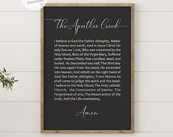 The Apostle's Creed digital download on dark gray background, Apostolic Creed Christian statement of beliefs printable wall art in 5 sizes