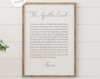 The Apostle's Creed digital download on white background, Apostolic Creed Christian statement of beliefs printable wall art in 5 sizes