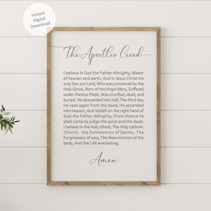 The Apostle&#39;s Creed digital download on white background, Apostolic Creed Christian statement of beliefs printable wall art in 5 sizes