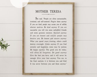 Mother Teresa quote Do It Anyway printable wall art on white, St. Teresa book page inspirational wall decor, instant digital download