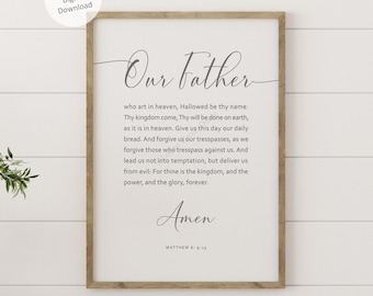 The Lord's Prayer printable wall art on white background, Our Father Prayer digital download, Matthew 6: 9-13 Scripture poster in 5 sizes