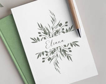 Your Custom Name in Script with Green Watercolor Leaves on Hardback Journal for Personalized Garden Notes, Botanical Diary or Plant Notebook