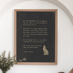 May include: A framed black and white print with a quote about feeding the wolf inside you. The print is hanging on a white wall with a wooden bench underneath. The bench has a white cushion and a brown throw pillow.
