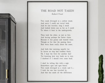 May include: A black and white print of Robert Frost's poem "The Road Not Taken" with the title and author's name at the top. The poem is printed in a classic font style.
