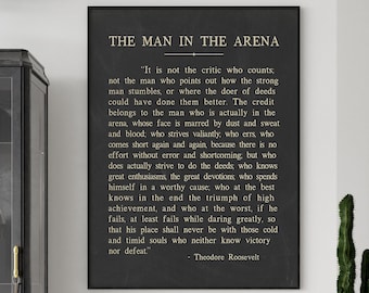 The Man In The Arena quote by Theodore Roosevelt, historical Theodore Roosevelt speech art print poster in multiple colors & framing options