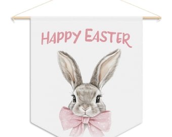 Happy Easter pennant style banner wall hanging featuring watercolor bunny designed with pink, blue or green bow for kids room or nursery