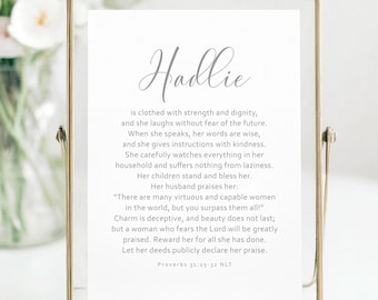 Personalize this Proverbs 31 Bible Scripture art print poster wall decor with a [custom name] "She is clothed with strength and dignity..."