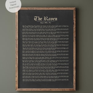 The Raven printable wall art on chalkboard gray background, The Raven Poem by Edgar Allan Poe dark academia digital download in 5 sizes