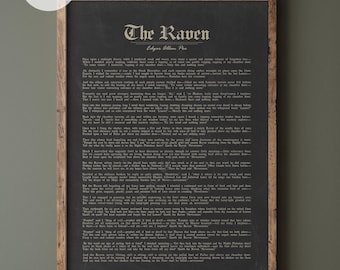 The Raven printable wall art on chalkboard gray background, The Raven Poem by Edgar Allan Poe dark academia digital download in 5 sizes