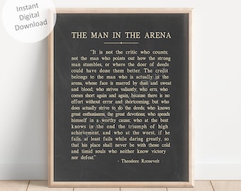 The Man In The Arena Printable Wall Art, Theodore Roosevelt Daring Greatly Quote, Theodore Roosevelt Speech, Instant Digital Download