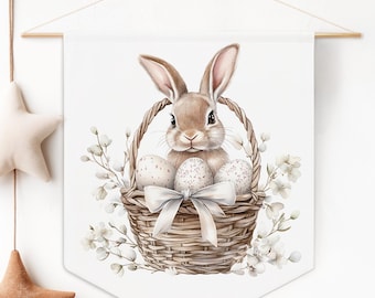 Sweet Easter Bunny in Basket Pennant Style Banner Flag Wall Hanging with Pastel Watercolor Design for Spring Decor in Kids Room or Nursery