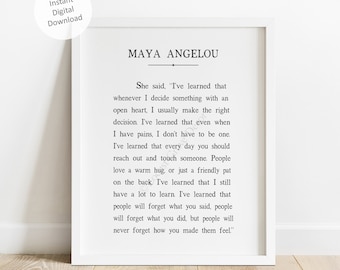 Maya Angelou quote printable wall art, Maya Angelou I've Learned book page inspirational wall decor, motivational instant digital download