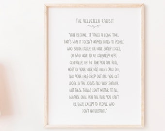 The Velveteen Rabbit by Margery Williams art print poster with background color & framing options, baby gift for nursery decor or kids room