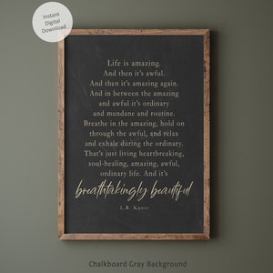Life Is Amazing poem by L.R. Knost printable wall art on chalkboard gray background, L.R. Knost inspirational quote instant digital download
