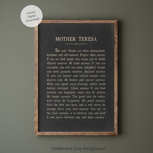 Mother Teresa quote Do It Anyway printable wall art, St. Teresa book page inspirational wall decor, motivational instant digital download