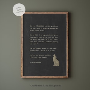 Op de afbeelding: Zwart-witte printbare kunstprint met een wolfsilhouet en een citaat over de strijd tussen goed en kwaad. Het citaat luidt: "Een oude Cherokee vertelde zijn kleinzoon: 'Mijn zoon, er is een strijd tussen twee wolven in ons allemaal. De ene is het Kwaad. Het is woede, jaloezie, hebzucht, wrok, minderwaardigheid, leugens en ego. De andere is het Goede. Het is vreugde, vrede, liefde, hoop, nederigheid, vriendelijkheid, empathie en waarheid.' De jongen dacht erover na en vroeg: 'Opa, welke wolf wint?' De oude man antwoordde rustig: 'Degene die je voedt.' - auteur onbekend"