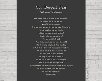 Our Deepest Fear metal print, Our Deepest Fear poem by American poet Marianne Williamson, poetry collection, motivational metal sign, metal