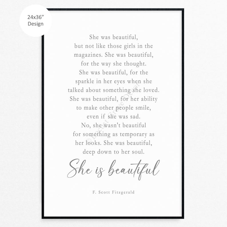 She Was Beautiful Printable Wall Art on White Background, Quote From