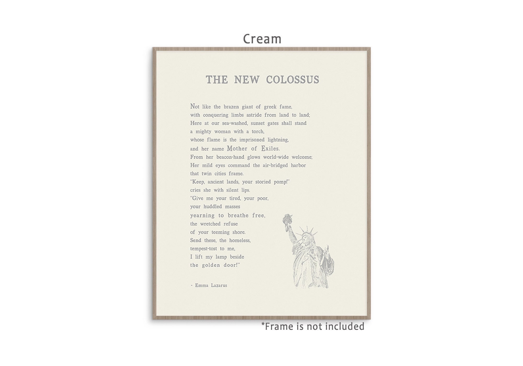 Statue of Liberty poem by Emma Lazarus entitled The New Colossus patriotic art print poster with multiple color and framing options