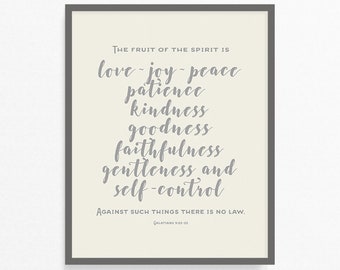 May include: Cream-colored printable art print with a gray text overlay. The text reads "The fruit of the spirit is love, joy, peace, patience, kindness, goodness, faithfulness, gentleness and self-control. Against such things there is no law. Galatians 5:22-23".