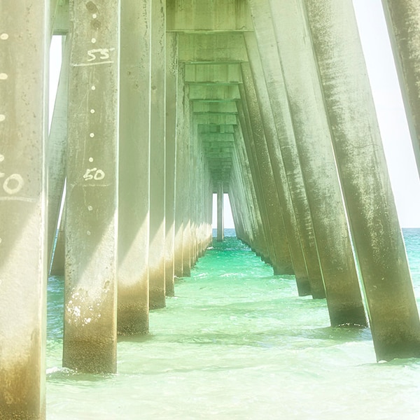 Beach Photography Art Print, Turquoise Water, Concrete Pier Pylons, Seashore Landscape, Muted Blue White Green Cottage Decor, Canvas Metal