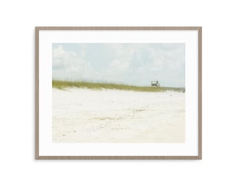 Beach Photography Art Print, Seashore Landscape, White Sand Beach, Lone Lifeguard Stand, Beach Cottage Decor, Paper Print Canvas or Metal
