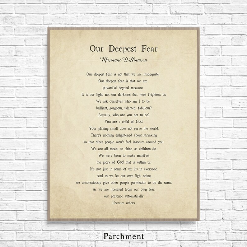 Our Deepest Fear poem by American poet Marianne Williamson art | Etsy